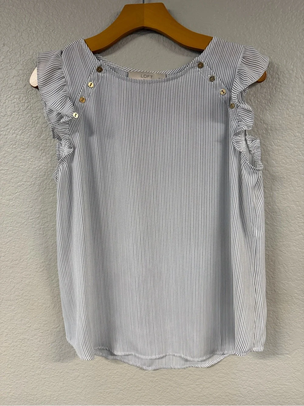 LOFT Striped Ruffle Sleeve Shell Top - Blue & White - Picture 6 of 7
